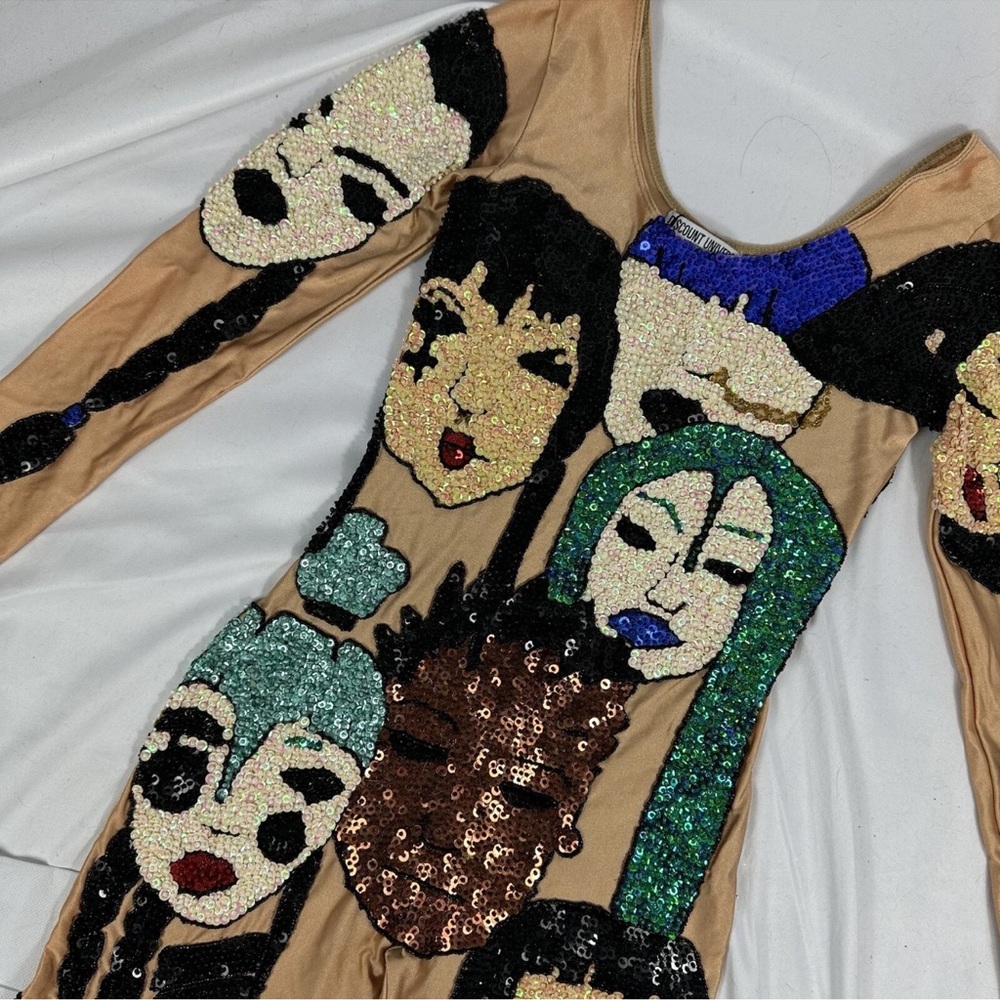 Discount Universe Sequin Nude Teal Blue Faces Bodysuit Size Small NEW With Tags - Picture 3 of 14
